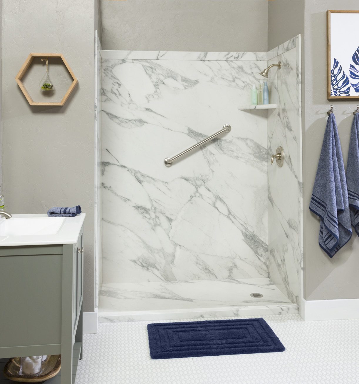 Marble walk-in shower with grab bar for safe, accessible bathing